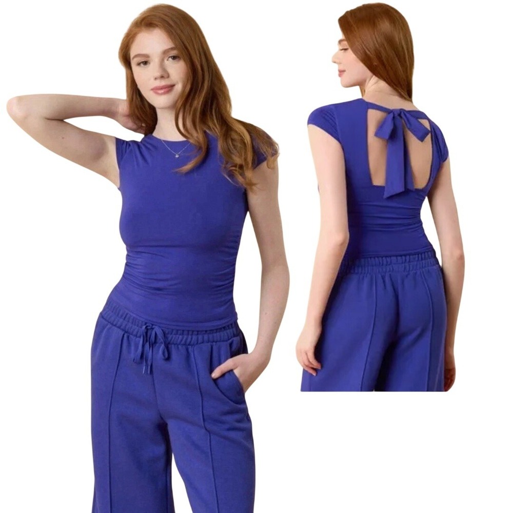 Blogilates Women's Blue Love Story Open Back Bow Cap Sleeve Top Size Large